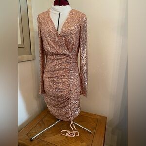 bebe Rose Gold Sequin Long Sleeve Dress